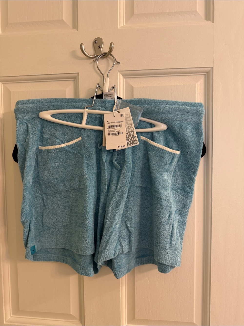 Barefoot Dreams Light Blue Terry Lounge Shorts with White Trim
